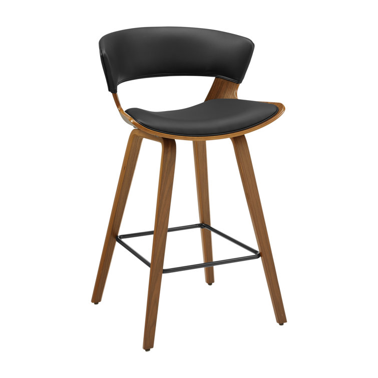 Mid-Century Modern Brown Wood and Black Faux Leather Counter Stools, Set of 2