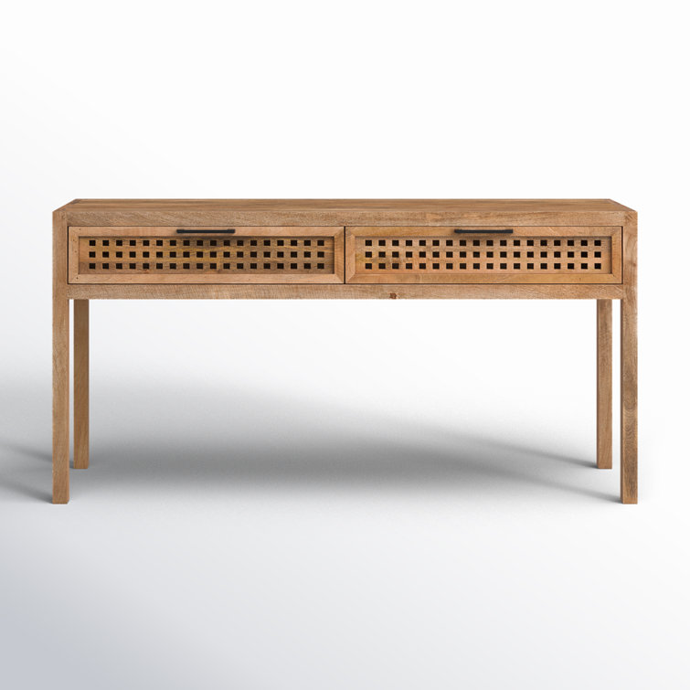 Coastal Charm 60'' Brown Mango Wood Console Table with Mirrored Fretwork