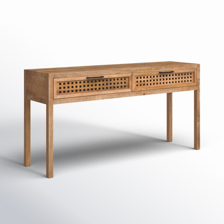 Coastal Charm 60'' Brown Mango Wood Console Table with Mirrored Fretwork