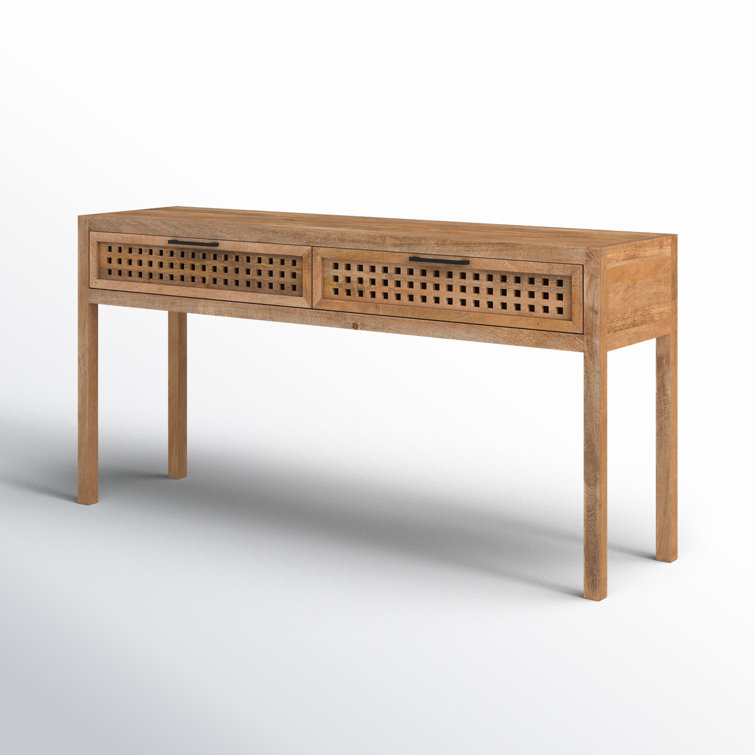 Coastal Charm 60'' Brown Mango Wood Console Table with Mirrored Fretwork