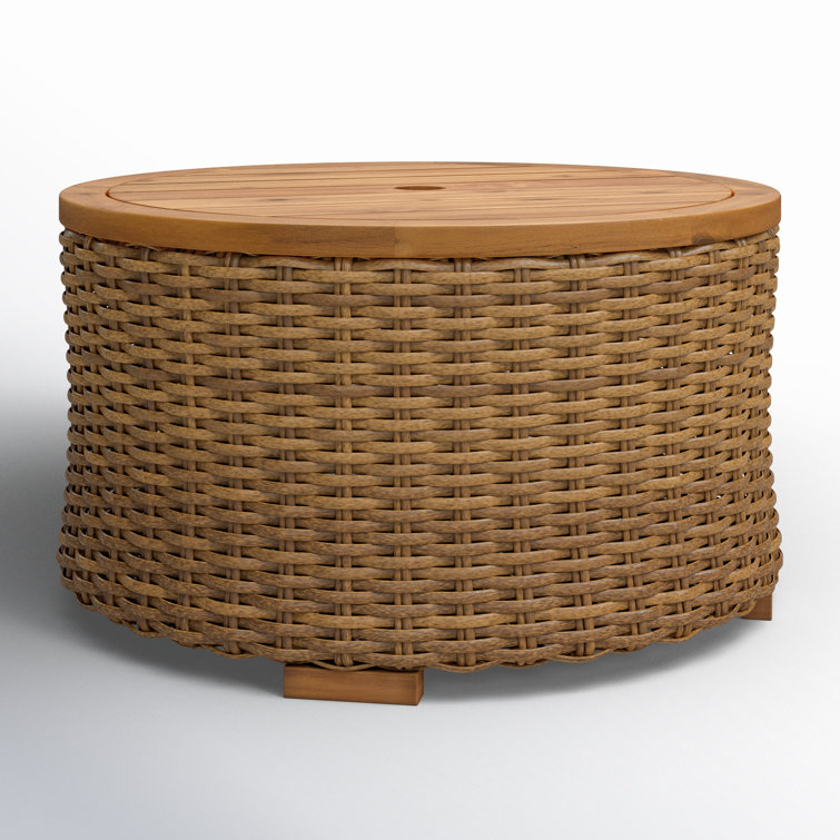 Natural Round Wicker and Acacia Outdoor Coffee Table with Storage