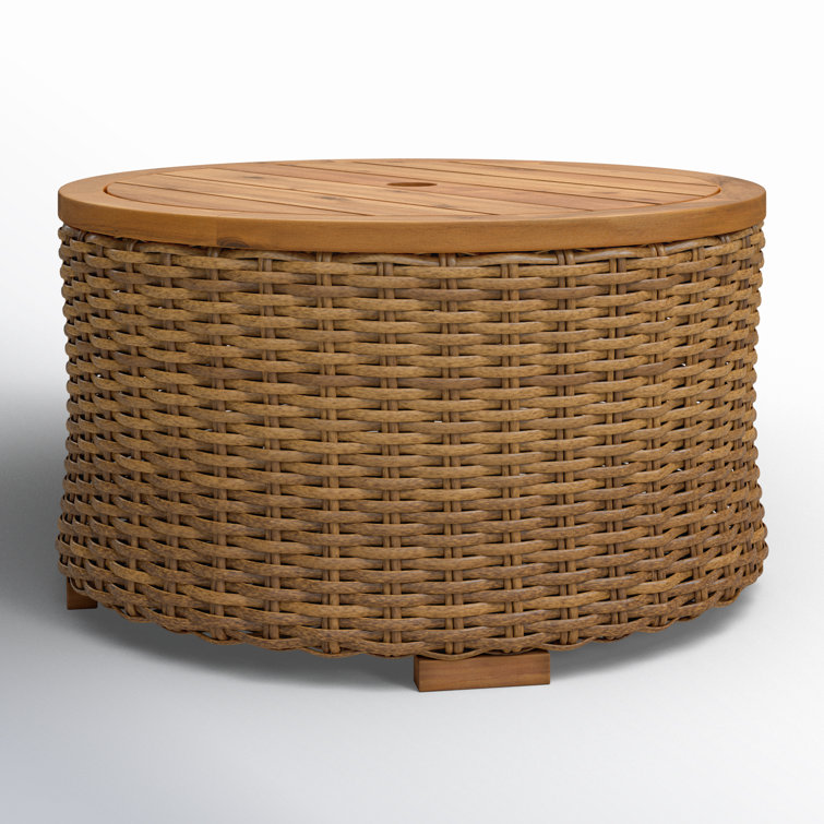 Natural Round Wicker and Acacia Outdoor Coffee Table with Storage