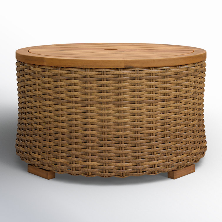 Natural Round Wicker and Acacia Outdoor Coffee Table with Storage