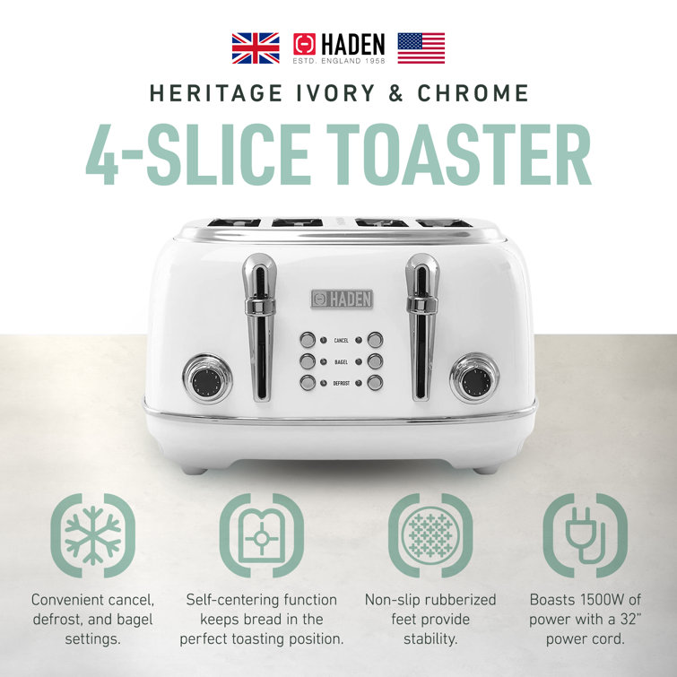 Ivory Stainless Steel 4-Slice Toaster with Wide Slots
