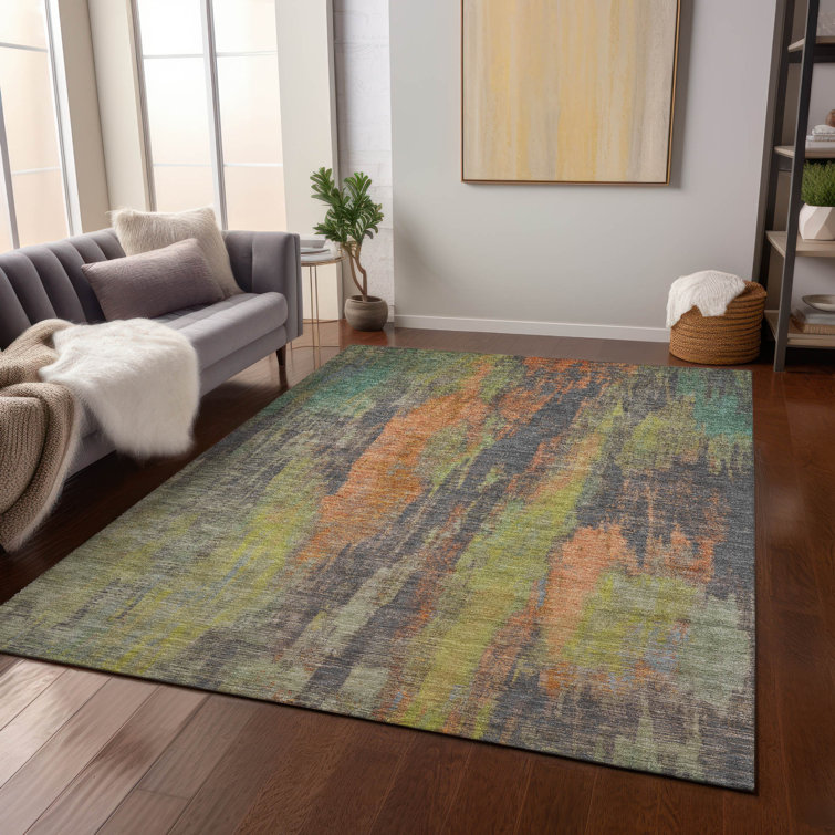 Orange and Green Abstract Synthetic Washable Rug 3' x 5'