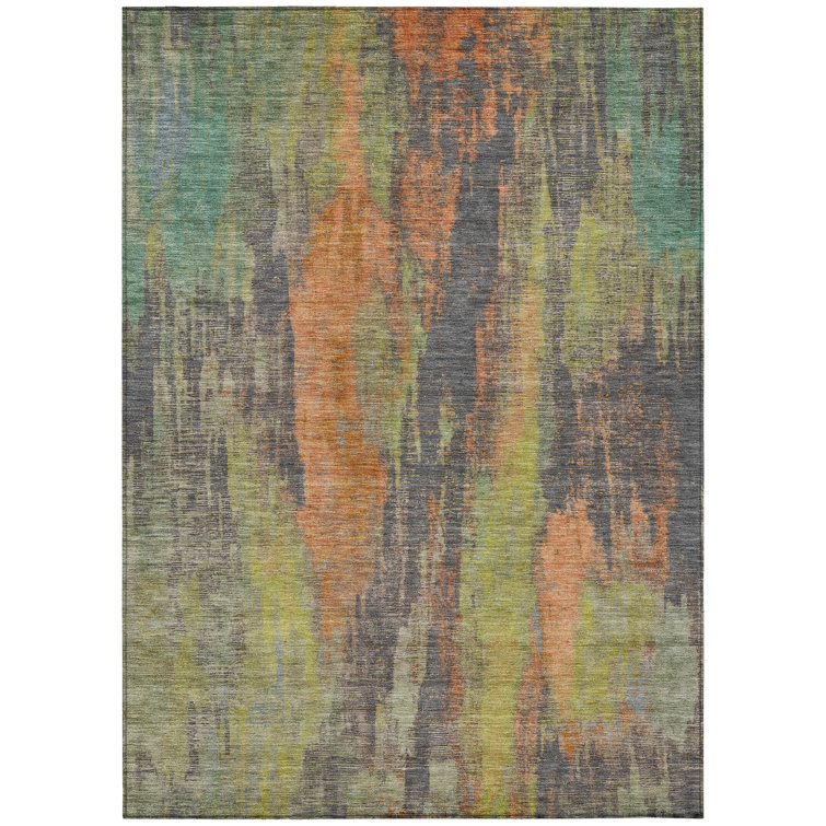 Orange and Green Abstract Synthetic Washable Rug 3' x 5'
