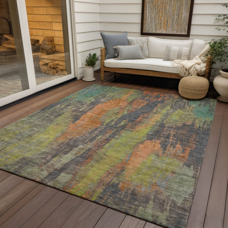 Orange and Green Abstract Synthetic Washable Rug 3' x 5'
