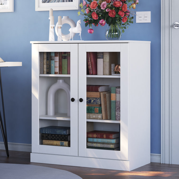 White Solid Pine Wood 3-Shelf Bookcase with Glass Doors