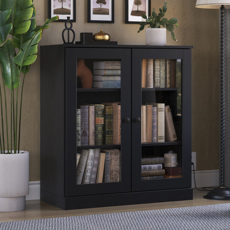 Black Solid Pine Wood 3-Shelf Bookcase with Glass Doors