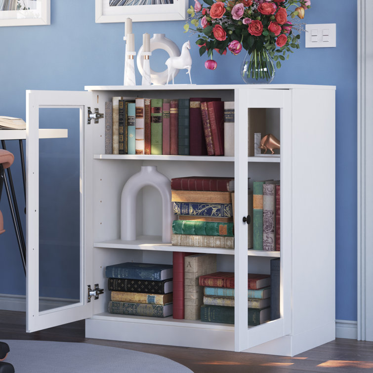White Solid Pine Wood 3-Shelf Bookcase with Glass Doors