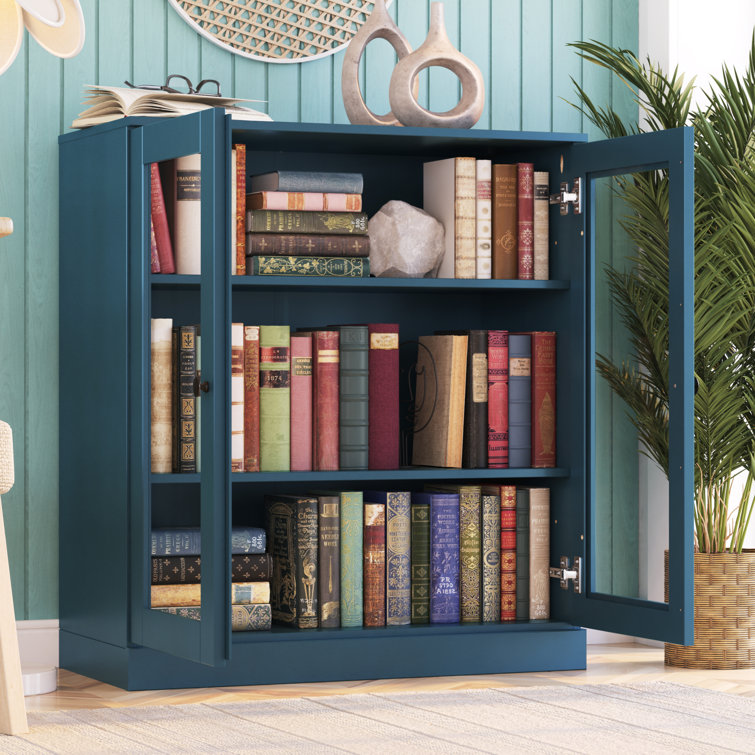 Teal Blue Solid Pine Wood Adjustable 3-Shelf Bookcase with Glass Doors