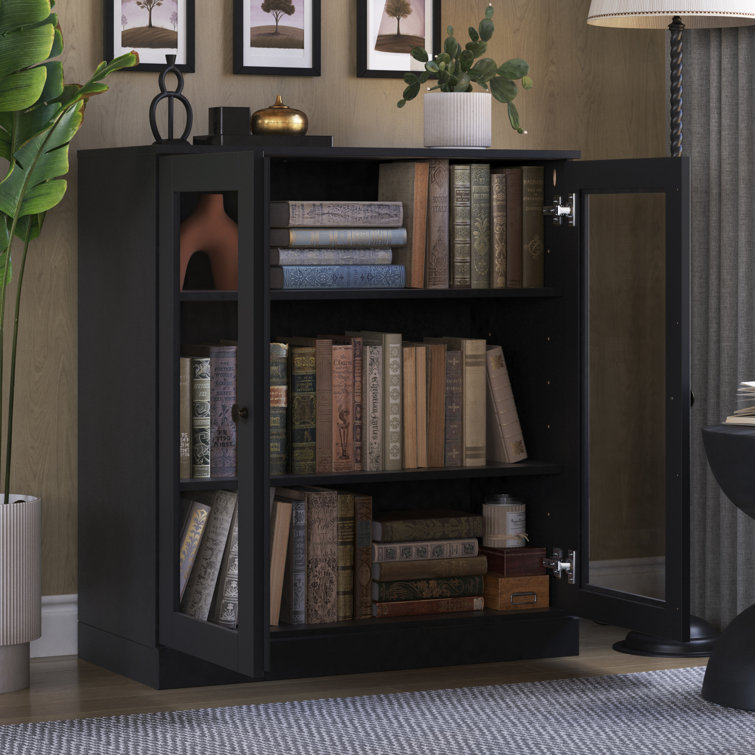 Black Solid Pine Wood 3-Shelf Bookcase with Glass Doors
