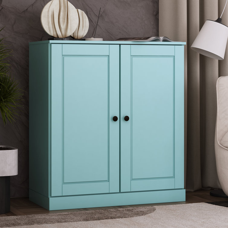 Aqua Solid Pine Wood Adjustable 3-Shelf Bookcase with Doors