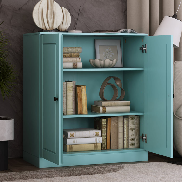 Aqua Solid Pine Wood Adjustable 3-Shelf Bookcase with Doors