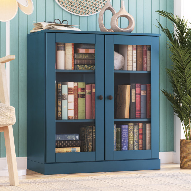 Teal Blue Solid Pine Wood Adjustable 3-Shelf Bookcase with Glass Doors