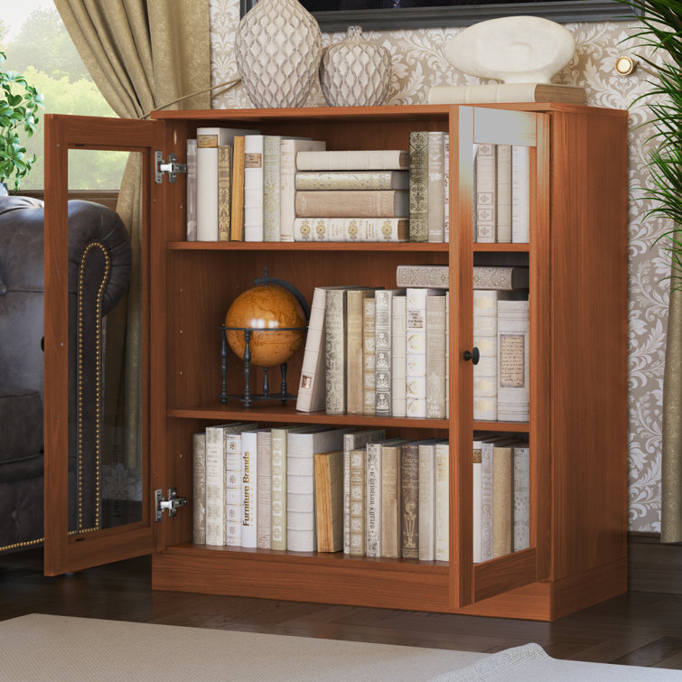 Mocha Solid Pine Wood 3-Shelf Bookcase with Glass Doors