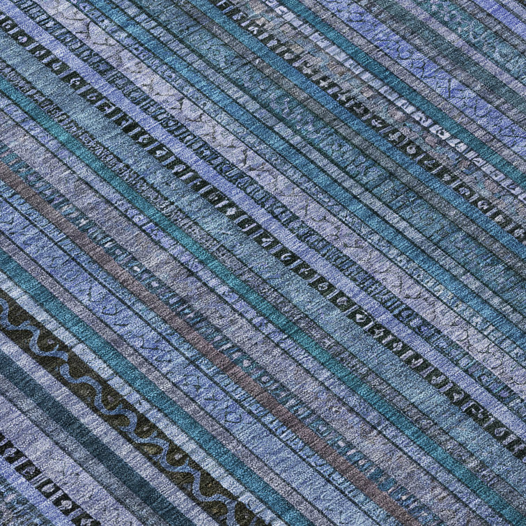 Blue and White Striped Washable Synthetic Indoor/Outdoor Rug 2'6" x 3'10"