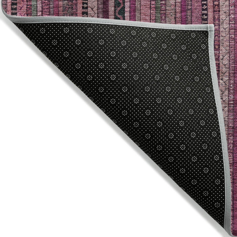 Pink and Black Striped Synthetic Washable 5' x 7' Rug