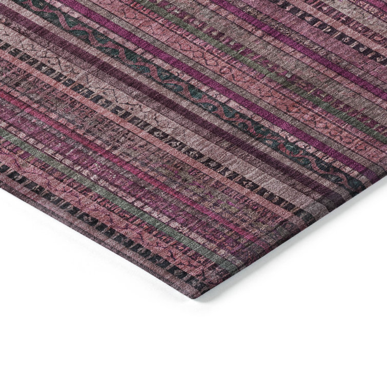 Pink and Black Striped Synthetic Washable 5' x 7' Rug