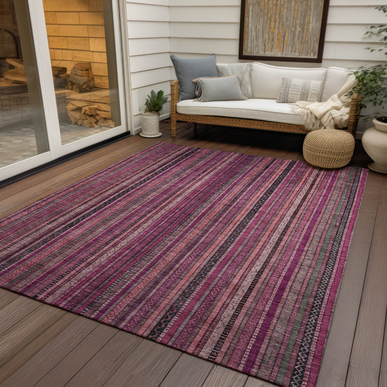 Pink and Black Striped Synthetic Washable 5' x 7' Rug