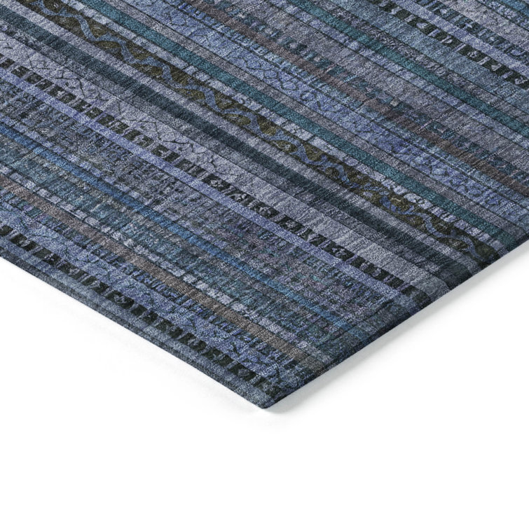 Blue and White Striped Washable Synthetic Indoor/Outdoor Rug 2'6" x 3'10"