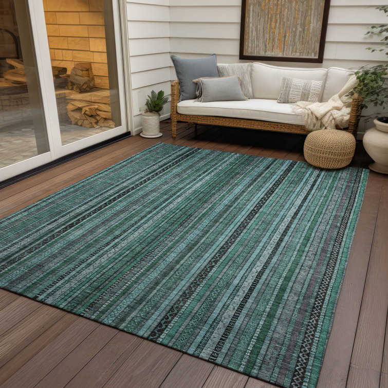 Teal and Black Striped Synthetic Washable Rug 2'6" x 3'10"