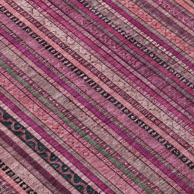 Pink and Black Striped Synthetic Washable 5' x 7' Rug