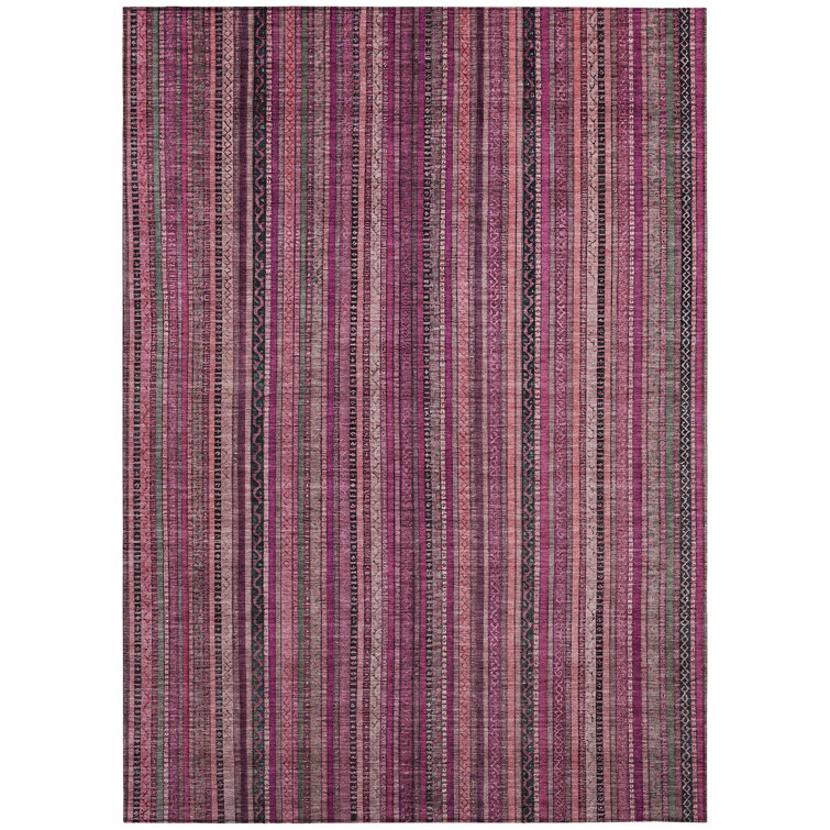 Pink and Black Striped Synthetic Washable 5' x 7' Rug