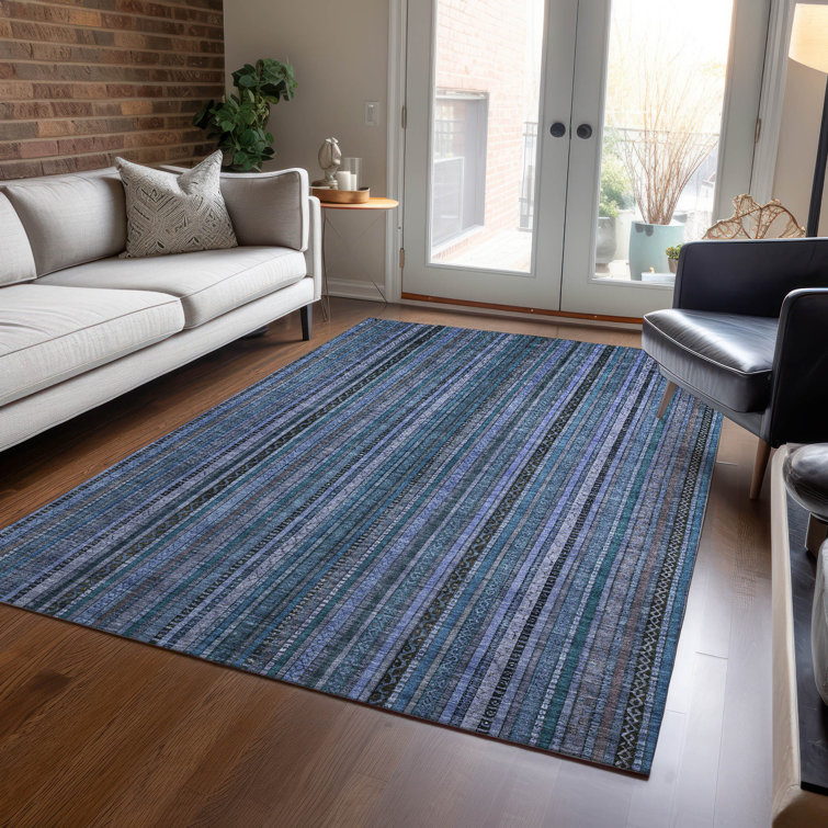 Blue and White Striped Washable Synthetic Indoor/Outdoor Rug 2'6" x 3'10"