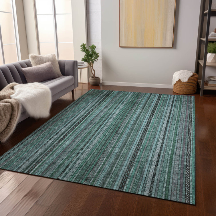 Teal and Black Striped Synthetic Washable Rug 2'6" x 3'10"