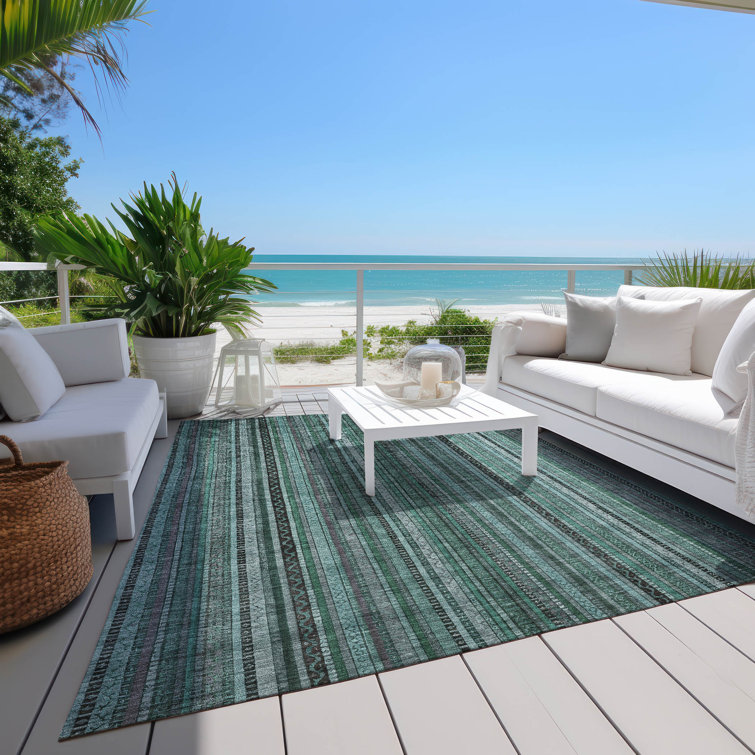 Teal and Black Striped Synthetic Washable Rug 2'6" x 3'10"