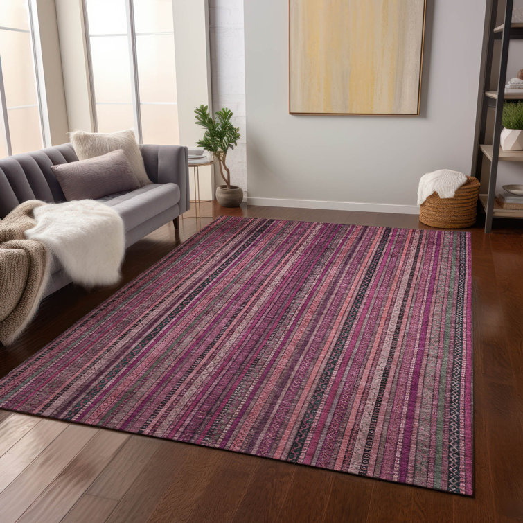 Pink and Black Striped Synthetic Washable 5' x 7' Rug