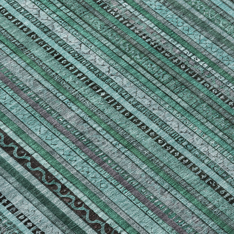 Teal and Black Striped Synthetic Washable Rug 2'6" x 3'10"