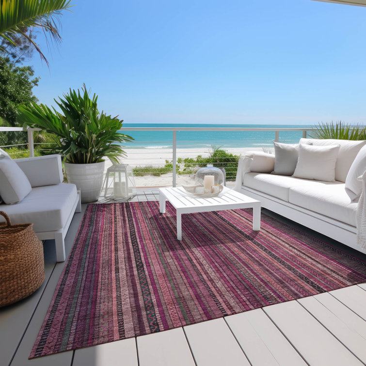 Pink and Black Striped Synthetic Washable 5' x 7' Rug