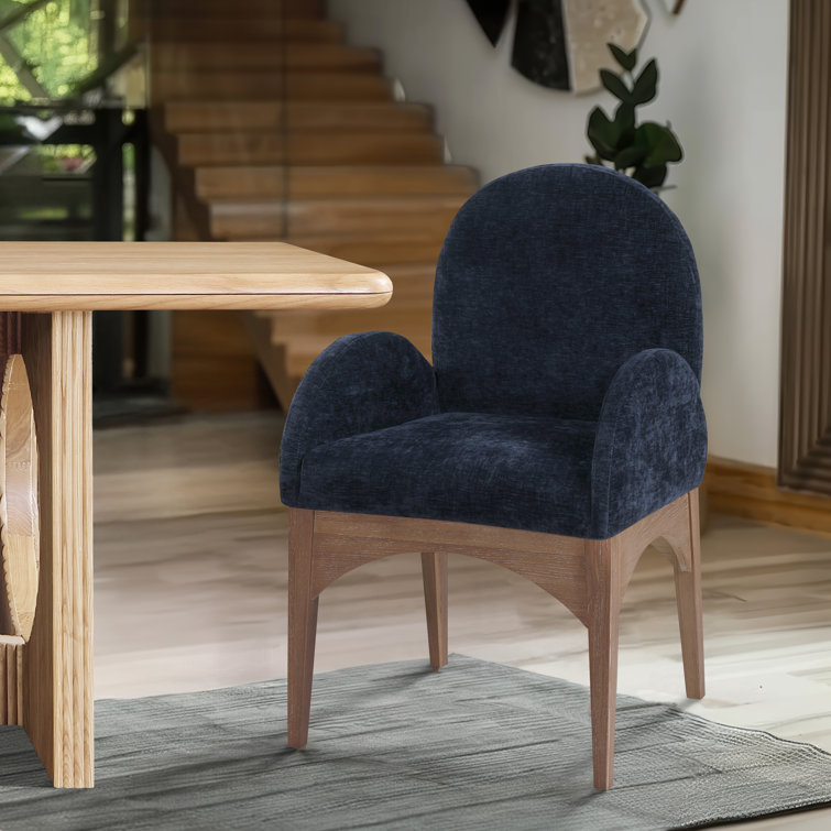 Navy Upholstered Arm Chair with Natural Wood Legs