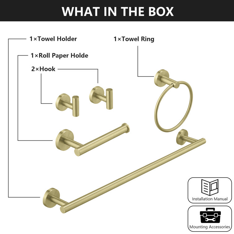 Brushed Gold 5-Piece Stainless Steel Bathroom Hardware Set
