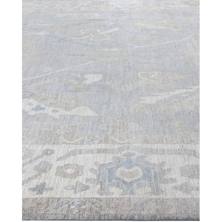 Gray Floral Hand-Knotted Wool Rectangular Area Rug