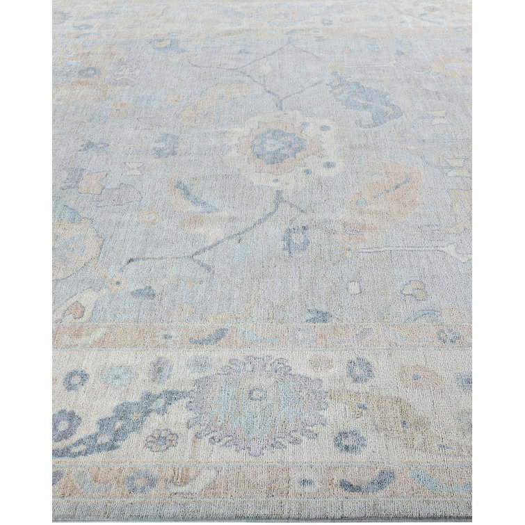 Hand-Knotted Light Blue Wool Floral Rectangular Area Rug