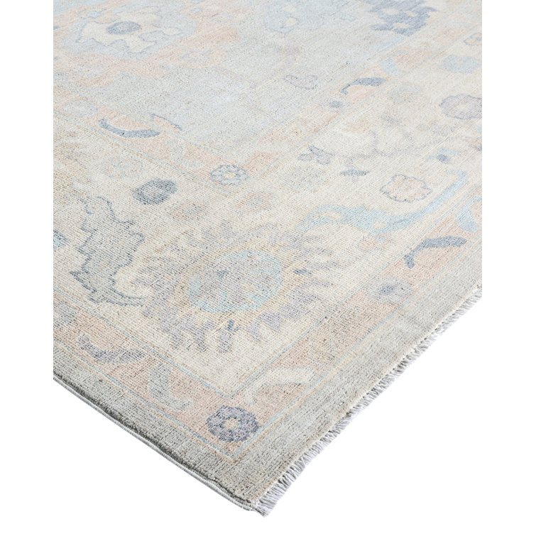 Hand-Knotted Light Blue Wool Floral Rectangular Area Rug