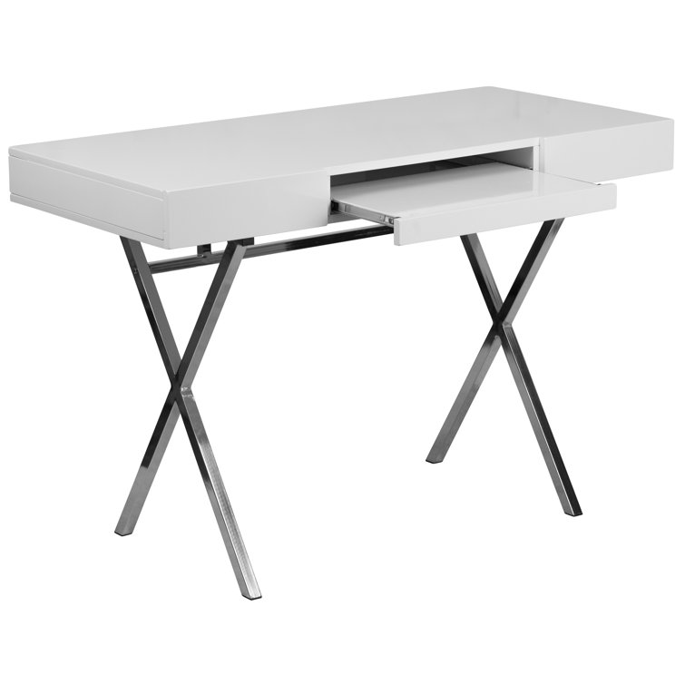 Sleek White 44.25'' Computer Desk with Chrome X-Trestle Base and Keyboard Tray