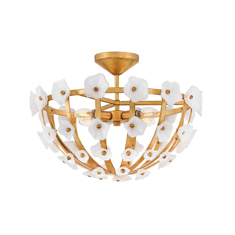 Distressed Brass and White Glass Floral LED Semi-Flush Mount