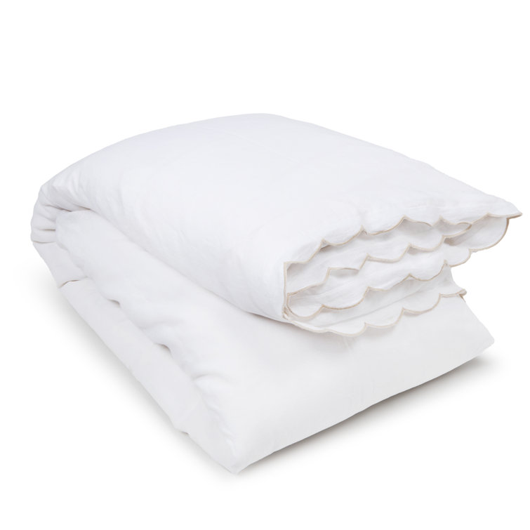 Queen White Linen Duvet Cover with Scalloped Edges