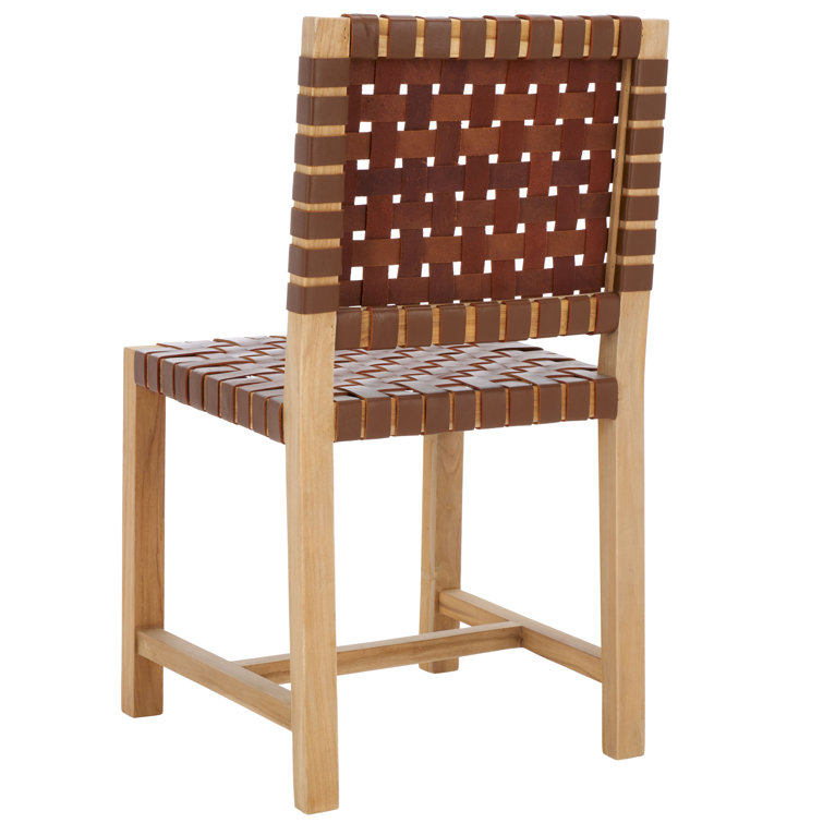 Erline Light Honey Teak and Woven Leather Parsons Side Chair