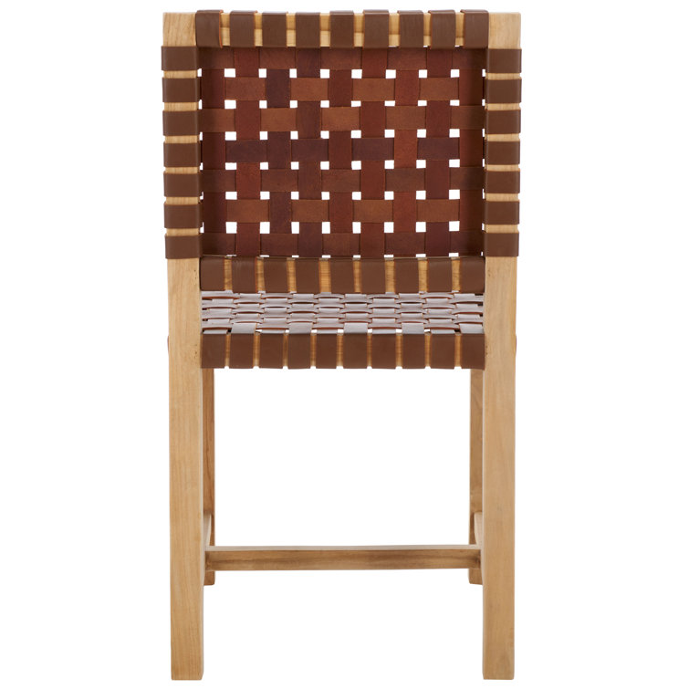 Erline Light Honey Teak and Woven Leather Parsons Side Chair
