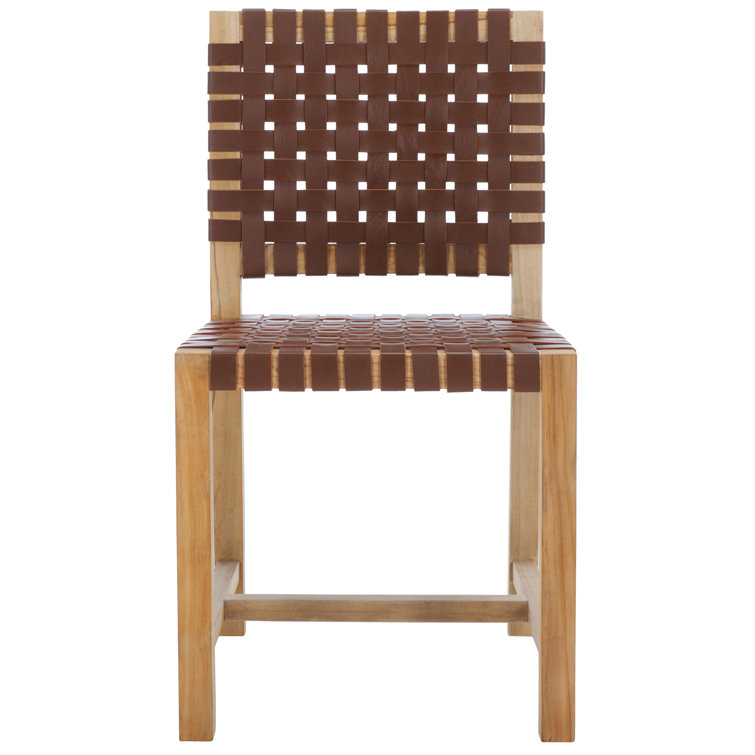 Erline Light Honey Teak and Woven Leather Parsons Side Chair