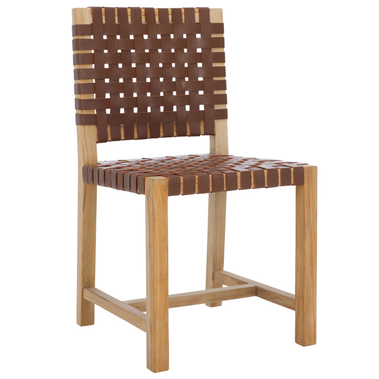 Erline Light Honey Teak and Woven Leather Parsons Side Chair