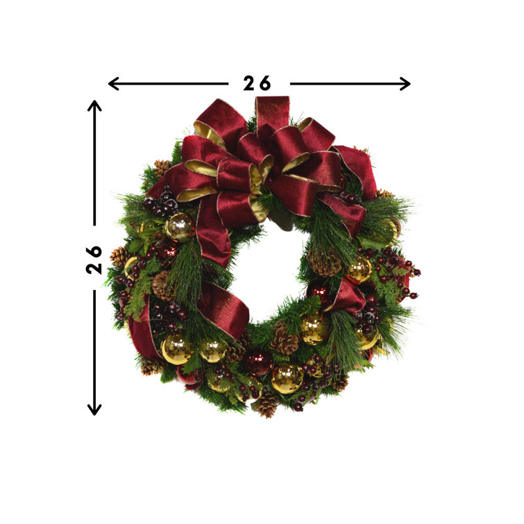 Burgundy and Gold Ribbon Evergreen Holiday Wreath