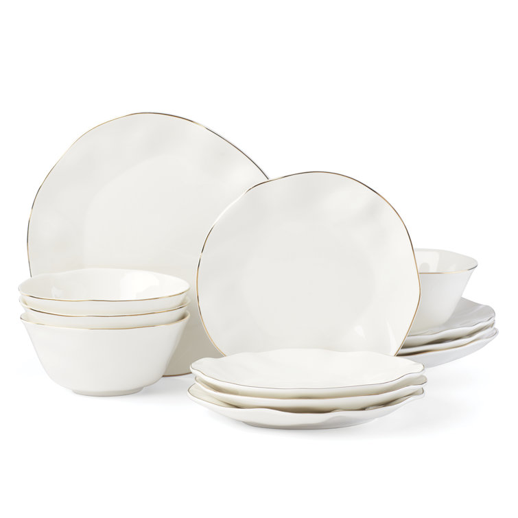 White and Blue Porcelain 12-Piece Dinnerware Set with Gold Rim