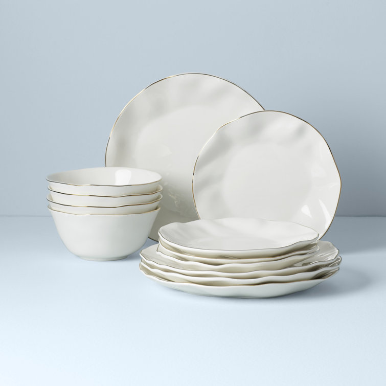 White and Blue Porcelain 12-Piece Dinnerware Set with Gold Rim