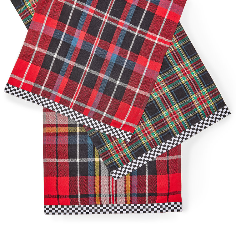 Tartan Check Cotton Dish Towels Set of 3 with Black and White Trim